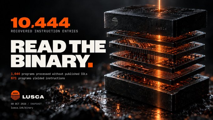 A promotional graphic for 'LUSCA' with the headline 'READ THE BINARY' displaying '10,444 RECOVERED INSTRUCTION ENTRIES' alongside stacked metallic circuit blocks.