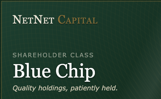 The image is a dark green graphic featuring the NetNet Capital logo at the top, with text reading "SHAREHOLDER CLASS" above the large title "Blue Chip" and the tagline "Quality holdings, patiently held" below.

This banner directly answers the post's question about "shareholder class" by identifying NetNet Capital as the "Blue Chip" tier—an elite designation suggesting long-term, high-quality holdings, which contrasts with the poster's quip about $Net being a "banger" they refuse to sell.