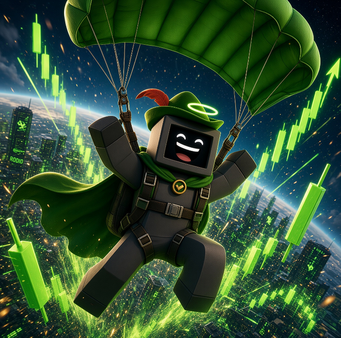 A cartoon character with a TV for a head wearing a green Robin Hood-style hat and cape parachutes over a green-tinted cityscape filled with rising green stock chart candles and arrows, symbolizing the airdrop and growth of the RH Machine NFT Collection at 7PM EST. The word "ROBIO" is visible on a building in the background, reinforcing the crypto/NFT trading theme tied to the snapshot event.