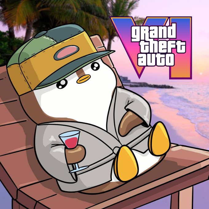 The image shows a cute cartoon penguin wearing a backward cap and bathrobe, lounging on a beach chair while holding a wine glass, set against a tropical sunset backdrop with the "Grand Theft Auto VI" logo displayed in the corner.

The meme humorously captures the poster's dream of making memecoin profits by November 19 to fund endless lazy days of GTA VI, with the relaxed penguin embodying that carefree beach-vacation lifestyle they hope to fund.