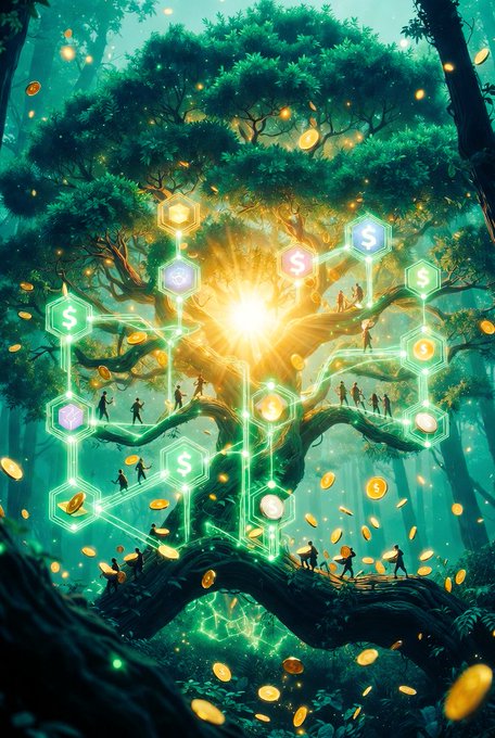 A vibrant digital artwork showing a large tree with glowing hexagonal nodes containing dollar signs, connected by lines, surrounded by small figures and floating coins.