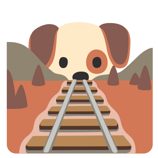 A cute cartoon illustration of a St. Bernard dog peeking over a cliff, with a train track leading into its mouth like a tunnel, set against a green background.