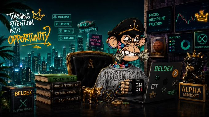 A promotional graphic for BELDEX cryptocurrency featuring a Bored Ape-style NFT character with money in its mouth sitting at a desk, surrounded by text including 'TURNING ATTENTION INTO OPPORTUNITY', 'FOCUS DISCIPLINE FREEDOM', 'TOKENOMICS', 'PORTFOLIO', and 'ALPHA MINDSET'.