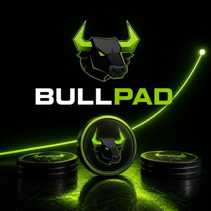 A digital graphic featuring a green and black bull logo with the text 'BULLPAD' above stacked black and green coins with green light streaks.