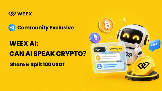 This image is a promotional graphic for the WEEX AI Crypto Translator Challenge, featuring a friendly robot mascot alongside floating Bitcoin and Ethereum coins on a bright yellow background. The graphic highlights the "Community Exclusive" campaign, inviting participants to ask AI to translate crypto slang like "HODL," "REKT," "Rug Pull," "WAGMI," or "NGMI" into plain language, with 20 winners splitting a 100 USDT prize pool from October 6–10 UTC.