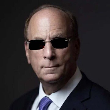 A bald man in sunglasses, suit, and purple tie stares menacingly against a dark background, humorously personifying "Final Boss BlackRock" as the intimidating mastermind behind the institutional firm's steady Bitcoin and Ethereum accumulation.