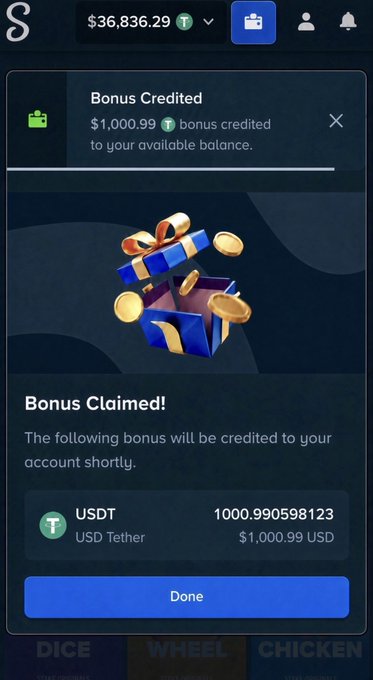 A pop-up notification on Stake.com showing "Bonus Credited" with $1,000.99 T (USDT) added to the user's available balance, bringing the account total to $36,836.29 T. The screenshot illustrates a winner claiming the promotional bonus giveaway mentioned in the post by @fergalpha.