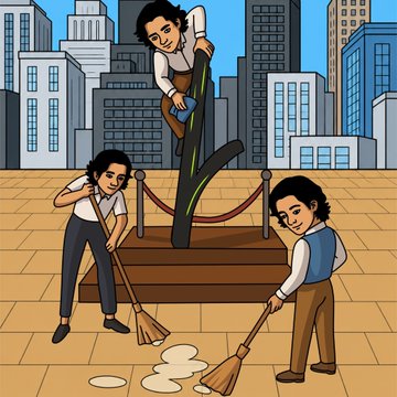 A cartoon illustration depicts three figures tending to a large green stick planted in a pedestal within a city plaza, with one climbing it, another sweeping nearby, and the third holding a broom while smiling. The image humorously illustrates the post's caption about the "sacred stick" of $STOCKIMPALER receiving dedicated maintenance and care, reflecting the protective devotion of the #FLIPHOOD community toward this symbolic meme.