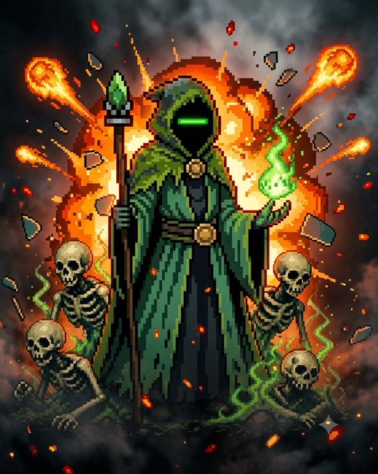 A pixel-art illustration of a dark necromancer in a green hooded cloak holding a staff and conjuring green magic, surrounded by flaming meteors and skeletons against a fiery orange background.