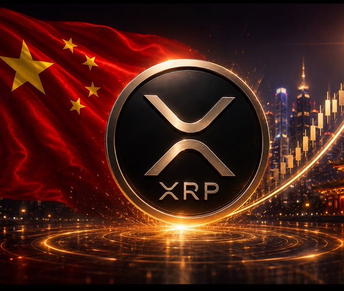 A promotional graphic featuring a large gold XRP coin in the center, with the Chinese flag waving on the left, a city skyline at night on the right, and an upward-trending gold chart line.
