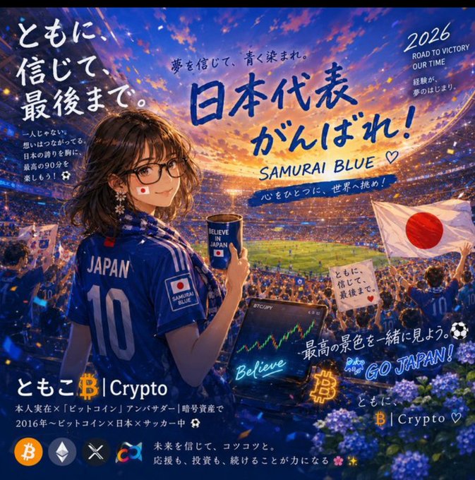 The image features a girl with glasses, dressed in blue, holding a cup of coffee while standing next to a soccer stadium filled with fans. The background includes a sunset over the field, adding a serene atmosphere to the scene. The text on the poster reads "2026 Our Time! Samurai Blue! Japan 10! Bitcoin!" and "Focus on what is in the image and how it relates to the post".