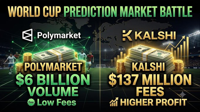 A graphic titled 'WORLD CUP PREDICTION MARKET BATTLE' comparing Polymarket with $6 billion volume and low fees to Kalshi with $137 million fees and higher profit.
