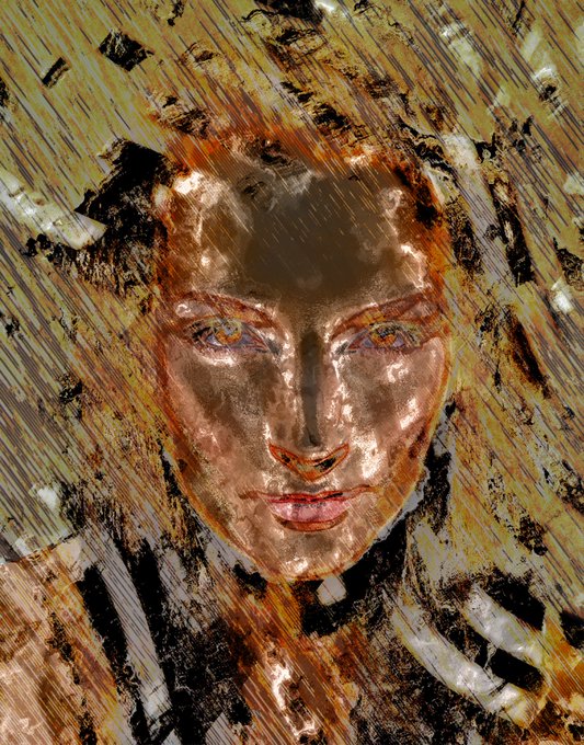 A close-up portrait with an artistic, painterly filter showing a person's face with bronze-toned skin and dramatic lighting.
