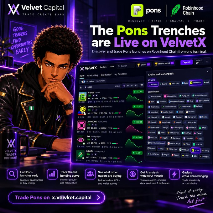 Promotional graphic for 'The Pons Trenches are Live on VelvetX' showing an illustrated character and a trading interface with cryptocurrency tokens including PONS, GRASS, BANBOOZLED, JEVROOMS, and EYE on Robinhood Chain.