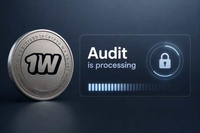 A promotional graphic showing a silver crypto coin with a 'W' logo and text 'WE TRUST IN CRYPTO', next to a dark blue panel displaying 'Audit is processing' with a loading bar and a padlock icon.