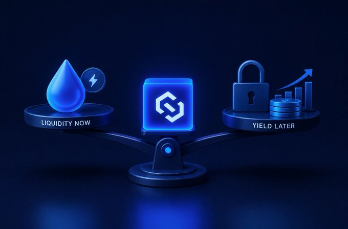 A 3D graphic of a balance scale with a blue water drop labeled 'LIQUIDITY NOW' on the left and a padlock with coins labeled 'YIELD LATER' on the right, centered around a Polygon logo.