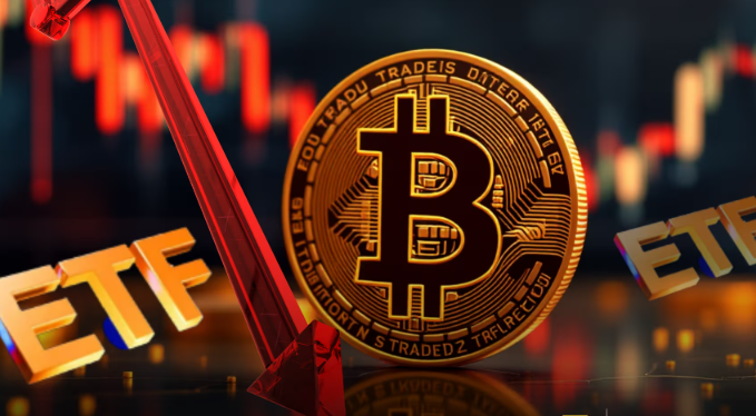 A gold Bitcoin coin is displayed prominently alongside 3D "ETF" lettering and a downward red arrow, set against a candlestick chart backdrop. The text on the coin reads "BITCOIN DIGITAL DECENTRALIZED PEER TO PEER" and "VIRES IN NUMERIS TRADED TRPLFECM," reinforcing the bullish accumulation theme highlighted by the strong capital inflows into BTC, ETH, and SOL.