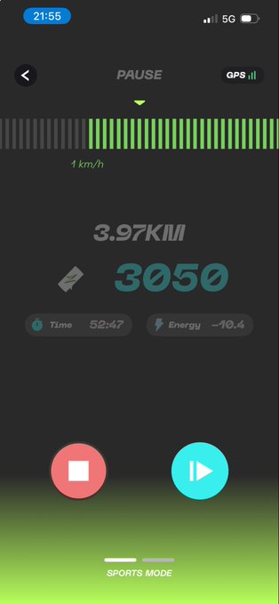A fitness app screenshot in Sports Mode showing a pause screen with 3.97 km distance, 3050 steps, 52:47 time, and -10.4 energy.