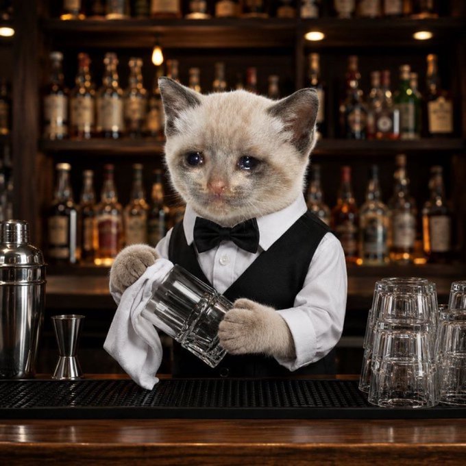 A digitally manipulated image shows a small cat dressed in a bartender's white shirt, black vest, and bow tie, wiping a glass behind a bar with liquor bottles visible on shelves in the background.