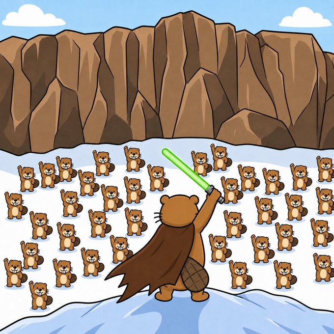 A cartoon beaver wielding a green lightsaber stands atop a snowy mountain, rallying a vast army of smaller beavers with raised paws against a rocky cliff backdrop—evoking a Jedi-master-mustering-his-padawans vibe that mirrors the post's call to "chonk" together ahead of CHONKETHA's next price breakout.