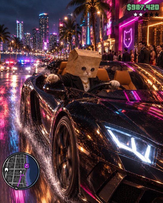 A video game scene shows a character with a cat head wearing a paper bag and a suit driving a black convertible through a neon-lit city street at night, with a minimap in the corner and $987,420 displayed at the top.