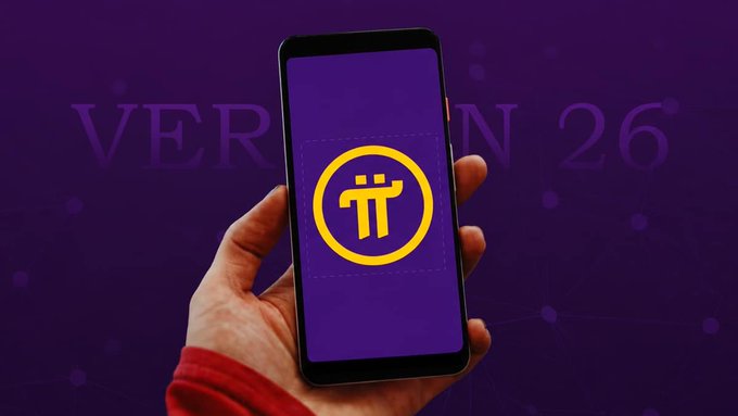 A hand holding a smartphone displaying the Pi Network logo (yellow π symbol on purple), with 'VERSION 26' text in the purple background.