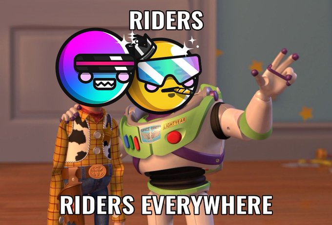 A Toy Story Buzz Lightyear and Woody meme features two emoji faces superimposed, with text reading "RIDERS RIDERS EVERYWHERE," poking fun at the crypto project SpaceRidersXYZ being "swept" or affected across platforms.