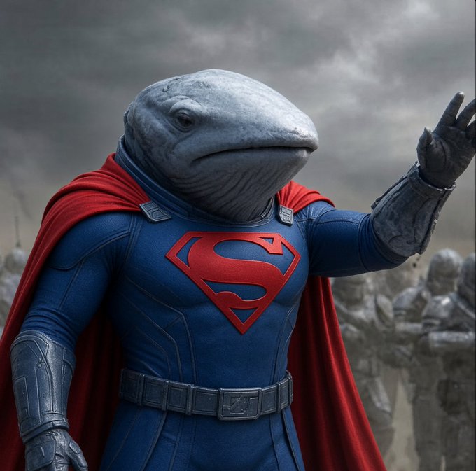 The image features a character with a dolphin's head wearing a Superman costume with the iconic "S" shield on its chest and a red cape, posing dramatically with one hand raised against a cloudy, battle-like background. This surreal superhero imagery likely accompanies the post as a humorous or attention-grabbing visual to hype an imminent "$SW" token airdrop on the Solana network, where the dolphin-like, heroic figure symbolizes riding the wave of a fast-moving crypto opportunity.
