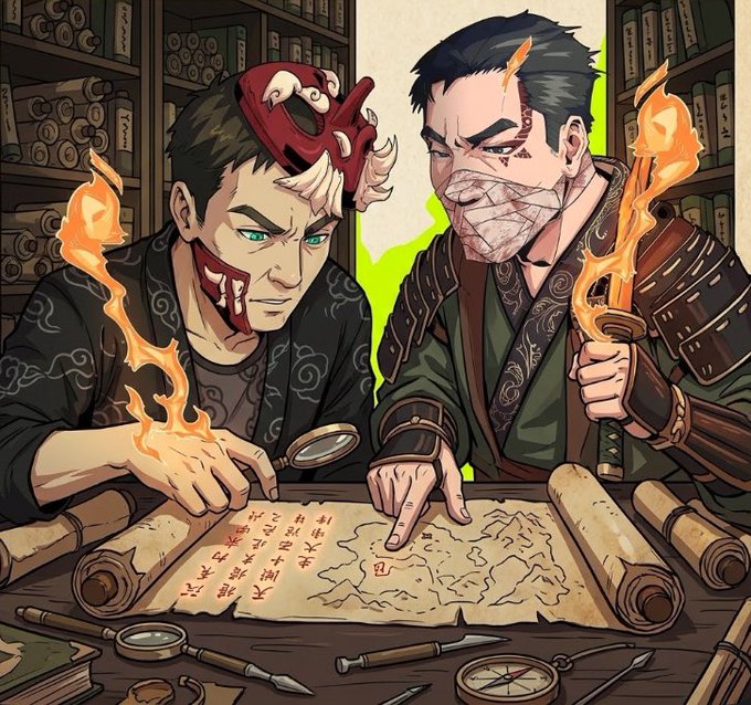 Two characters, one with a mask and glowing hand, the other with bandages and a flaming sword, examine an ancient map with Chinese text, hinting at a future @opensea checker drop.