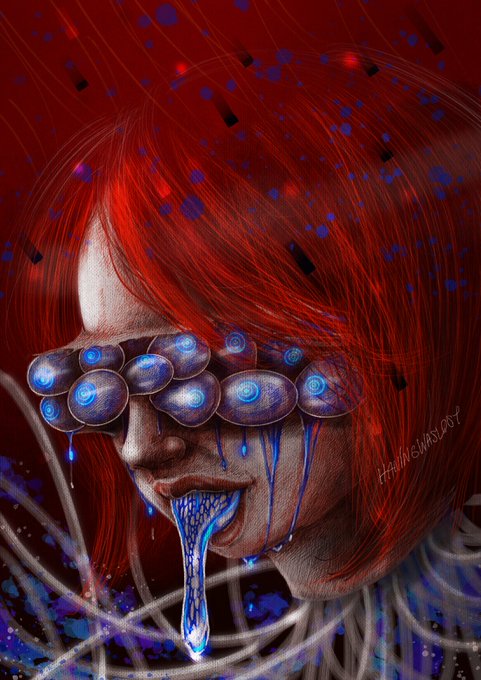 A stylized digital artwork shows a figure with vibrant red hair, eyes covered by a cluster of blue eyeballs, and a blue fluid dripping from their mouth, signed "Hannahswanepoel." The surreal, macabre imagery paired with the casual "GM" (good morning) greeting creates an ironic, eerie contrast.