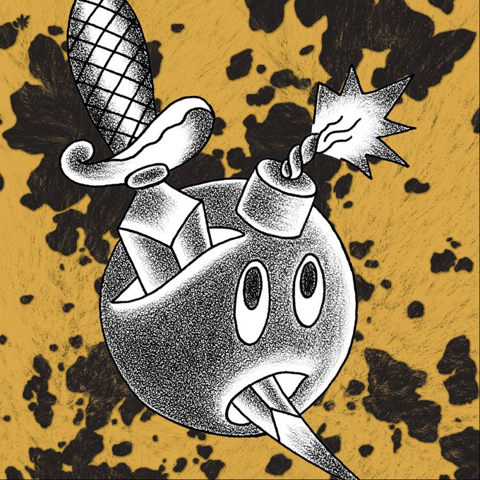 A black and white stippled illustration of a cartoon bomb character with a face, holding a lit fuse in one hand and wearing a hat with a feather, set against a yellow background with black splotches.