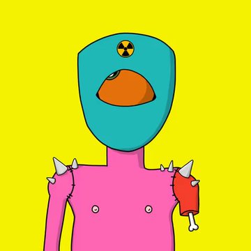 A turquoise-headed cartoon character with a wide-open mouth wears spiked pink shoulder pads resembling meaty bones, reflecting the playful, edgy humor of the "Happiest Sunday" caption that promotes @drink_AG1 giveaways and urges kindness.