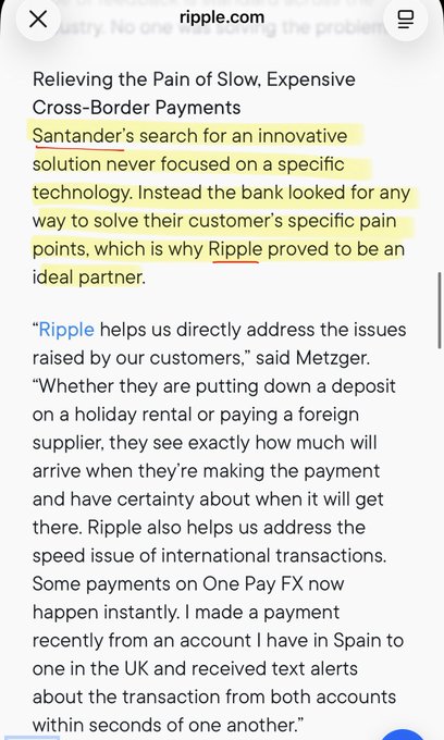 A mobile screenshot from ripple.com showing an article titled "Relieving the Pain of Slow, Expensive Cross-Border Payments," highlighting Santander's partnership with Ripple to improve international transaction speed and certainty. The post connects to the image by citing Santander as one of several Ripple-enabled banks involved in the global stablecoin rollout.