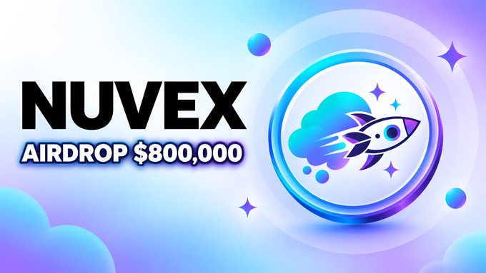 A promotional graphic for the NUVEX airdrop featuring bold text reading "NUVEX AIRDROP $800,000" alongside a stylized rocket icon breaking through a cloud, set against a blue and purple cosmic background with sparkling stars, designed to attract participants for the $NUVEX token distribution launching on Solana.