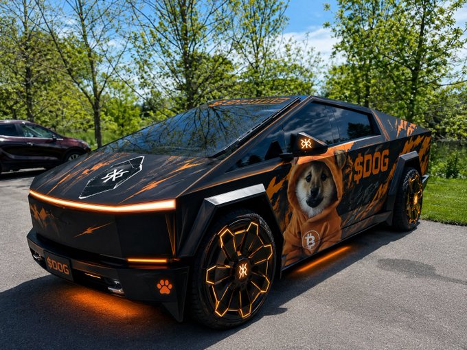 In the image, there's a black dog-themed custom car parked alongside trees. It has the number $1099 displayed on its side. The car also features orange and white neon lights and a unique pattern resembling a dog or other dog breeds, such as a golden retriever. There are additional cars visible in the background. The main focus of the image is the black Tesla Cybertruck with the custom design elements.