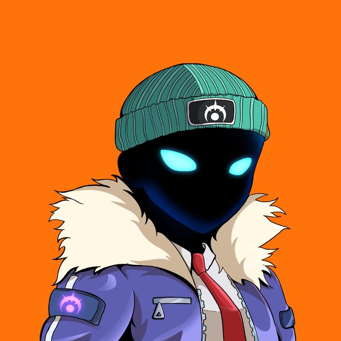 An anime-style illustration of a mysterious character with glowing cyan eyes wearing a green beanie and purple jacket with fur trim on an orange background.