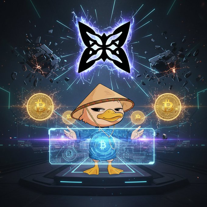 A stylized digital illustration of an anime-style duck wearing a conical Asian hat standing before glowing Bitcoin coins with a butterfly emblem radiating blue energy behind it.