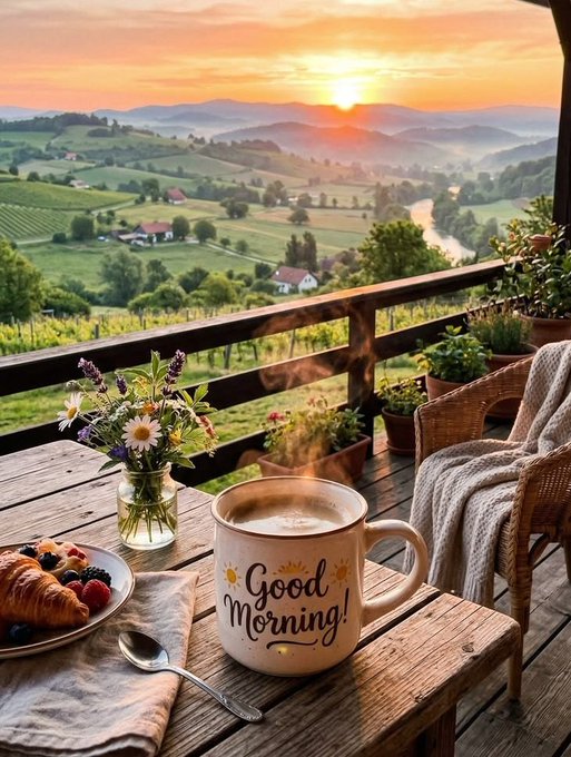 The image features a wooden deck with a table set up for breakfast, including a cup of coffee, croissant, and flowers. The sun is rising over the mountains, creating a beautiful backdrop for this outdoor meal. A caption on the photo reads "Good morning Bullish on @useTria".