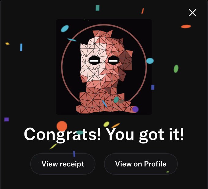 A digital achievement notification displays a low-poly, geometric bust character with the text 'Congrats! You got it!' along with buttons to 'View receipt' and 'View on Profile'.