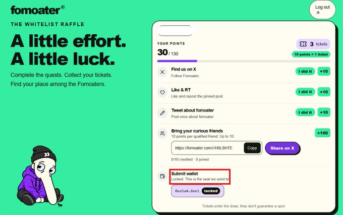 A webpage for "fomoater" titled "THE WHITELIST RAFFLE" with the slogan "A little effort. A little luck." The dashboard shows a user with 30 points and a highlighted task labeled "Submit wallet" which is marked as "locked."