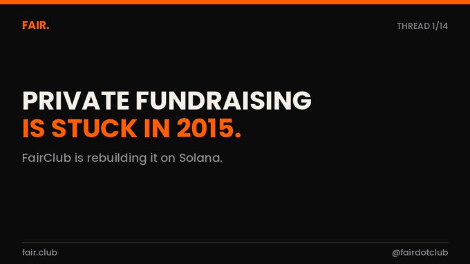 A promotional graphic for FairClub with text reading "FAIR.", "PRIVATE FUNDRAISING IS STUCK IN 2015.", and "FairClub is rebuilding it on Solana."