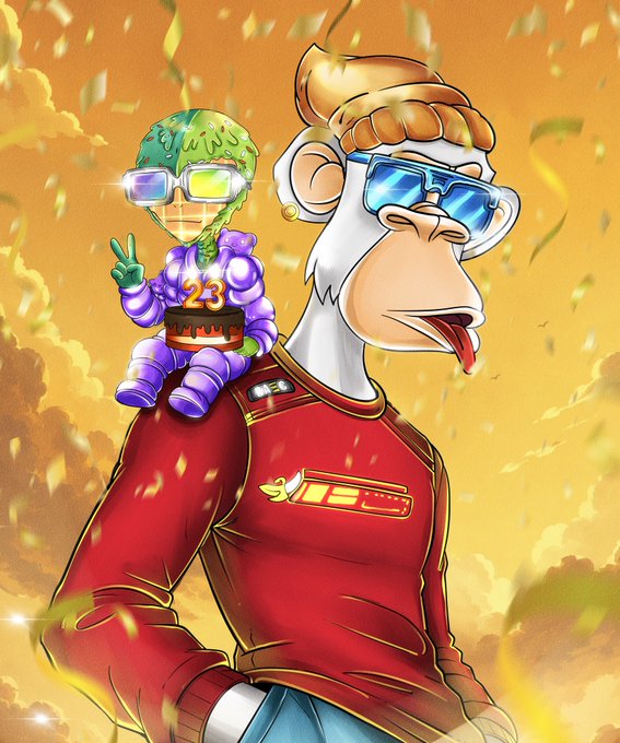 The image features a cartoon illustration of a man wearing a red shirt with "Xelementia" written on it, standing next to another character who has a monkey on his shoulder. The background includes clouds and a sunset, creating an artistic and whimsical atmosphere. The caption at the bottom of the image reads, "Today is my birthday Grateful to be part of Micros BASC and Xelementia as a content illustrator".