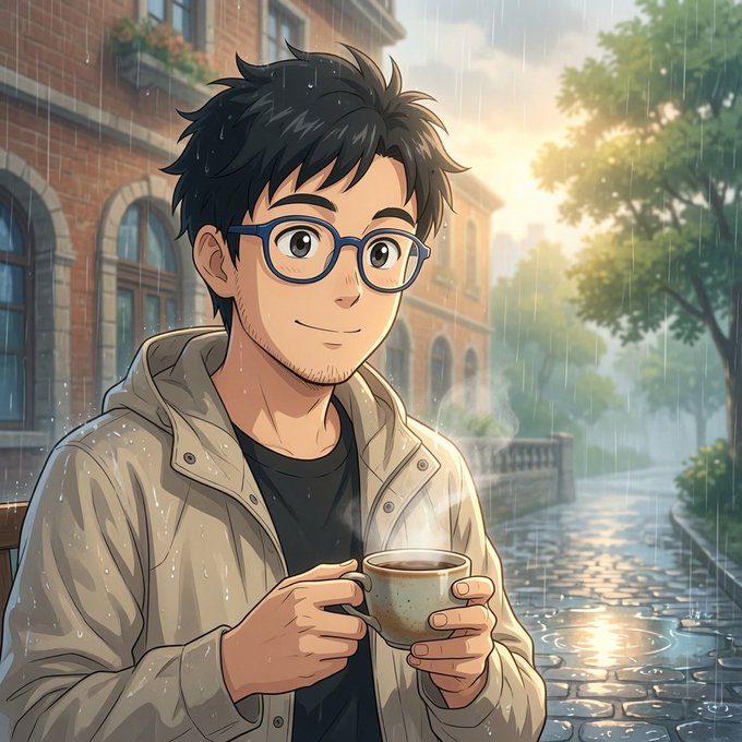 An anime-style illustration of a young man with messy black hair and glasses, smiling while holding a steaming cup in a rainy cobblestone street setting.