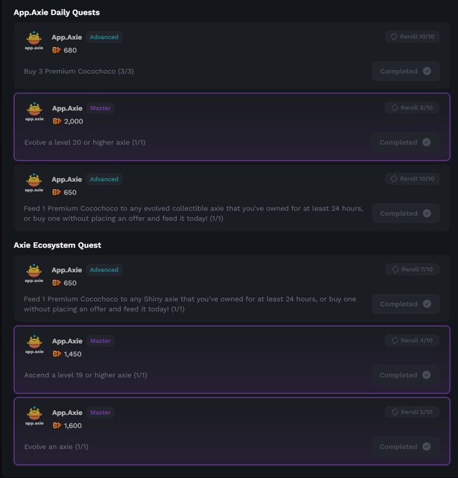 A screenshot of completed App.Axie Daily and Axie Ecosystem Quests, showing rewards in 'BP' (ranging from 650 to 2,000) for tasks like buying premium Cocochoco, evolving axies, feeding Shiny axies, and ascending axies.
