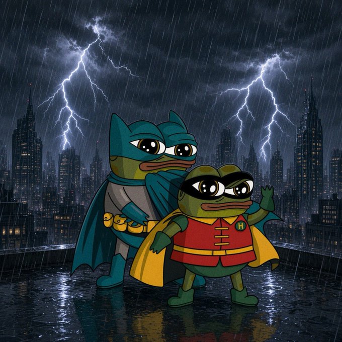 Two anthropomorphic cartoon frogs stand on a rain-soaked rooftop overlooking a dark city skyline with lightning; the larger frog wears a Batman-style mask and cape, while the smaller one wears a Robin-style outfit with an 'H' logo.