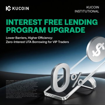 The image is a KuCoin Institutional promotional graphic announcing an "Interest Free Lending Program Upgrade" offering zero-interest UTA borrowing for VIP traders, featuring bold "0%" text on a 3D silver design. It visually reinforces the post's message by highlighting KuCoin's upgraded institutional infrastructure designed for asset managers seeking robust, high-performance lending environments.