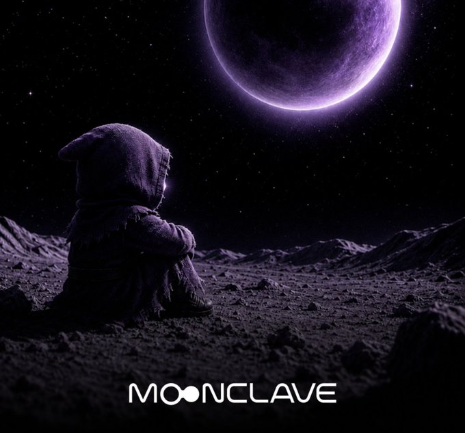 An astronaut in a dark hooded suit sitting on a barren lunar landscape, gazing up at a glowing purple crescent moon with the 'MOONCLAVE' logo below.