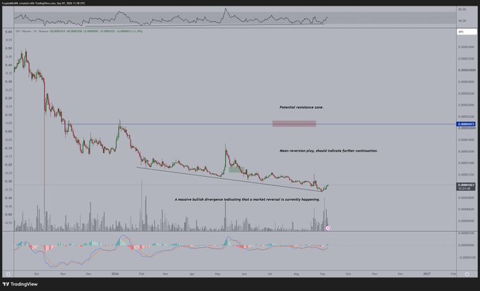A TradingView chart of SUI/Binance on the 4-hour timeframe shows price consolidating in a descending wedge pattern near 0.33, with annotations highlighting a "potential resistance zone," "mean reversion play" toward further continuation, and a "massive bullish divergence indicating that a market reversal is currently happening" as momentum indicators turn upward at the bottom.