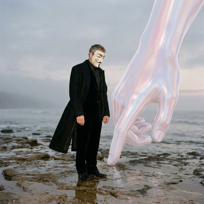 A man in a black coat wearing a white mask stands on a rocky beach next to a giant iridescent translucent hand sculpture reaching down from above.