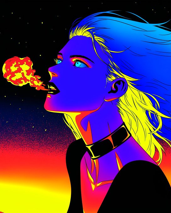 A vibrant digital illustration shows a blue-skinned figure with yellow hair exhaling fire against a gradient sunset and starry sky background.